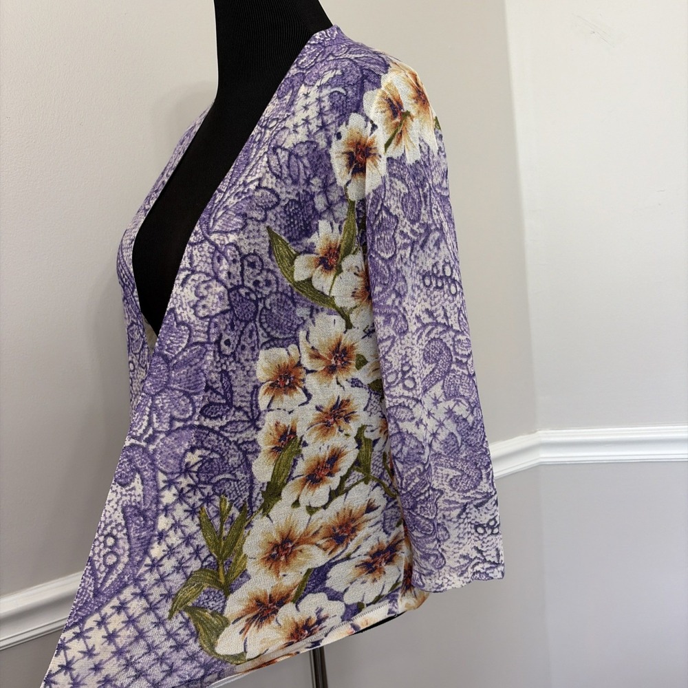 Chico's Women's Floral Open Cardigan Size 0 Small Purple 3/4 Sleeve Boho Cottage